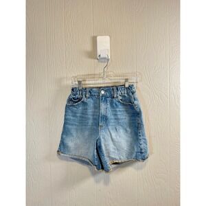 ZARA • Denim High Waisted Elastic Waist Short Light Wash Distressed Raw Hem Sz 0